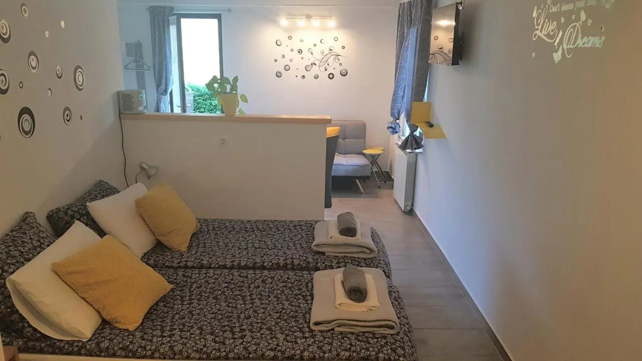 The studio with its beds and a dining counter